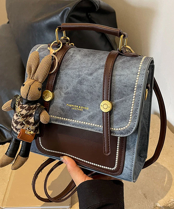 Vintage Denim Blue Patchwork Zircon Messenger Bag - Image 5