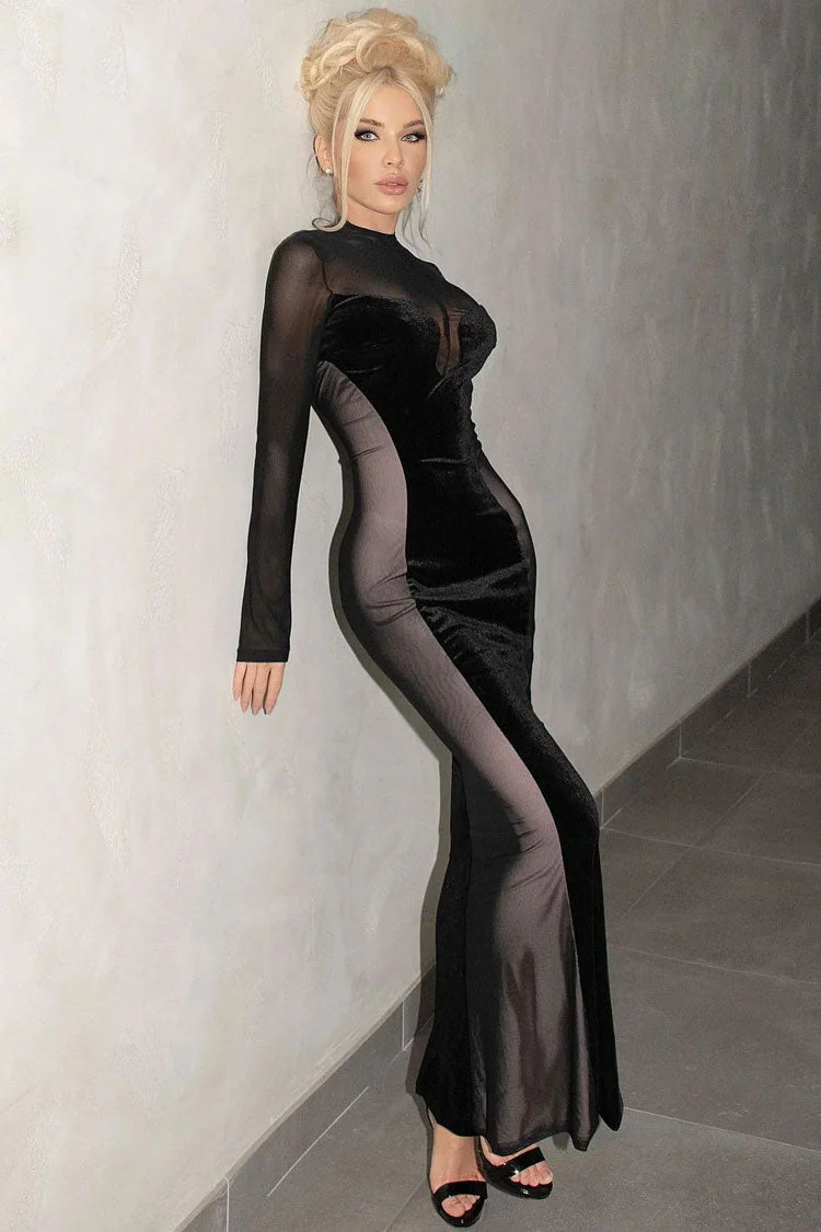 Vintage Fishtail Long Sleeve Velvet Mesh Panel Sheer Maxi Dress - Black - Image 2