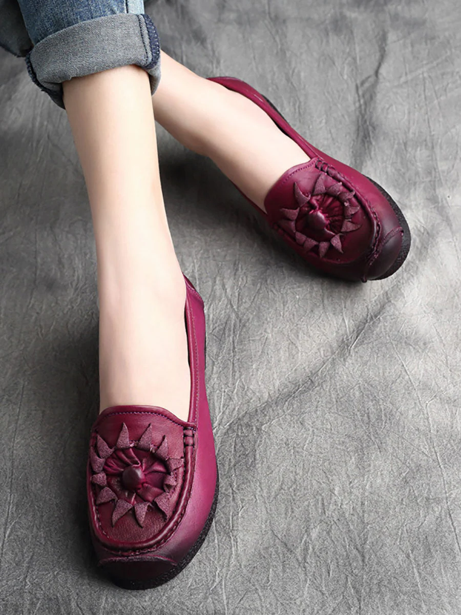 Vintage Flower Genuine Leather Low Heel Shoes - Image 3