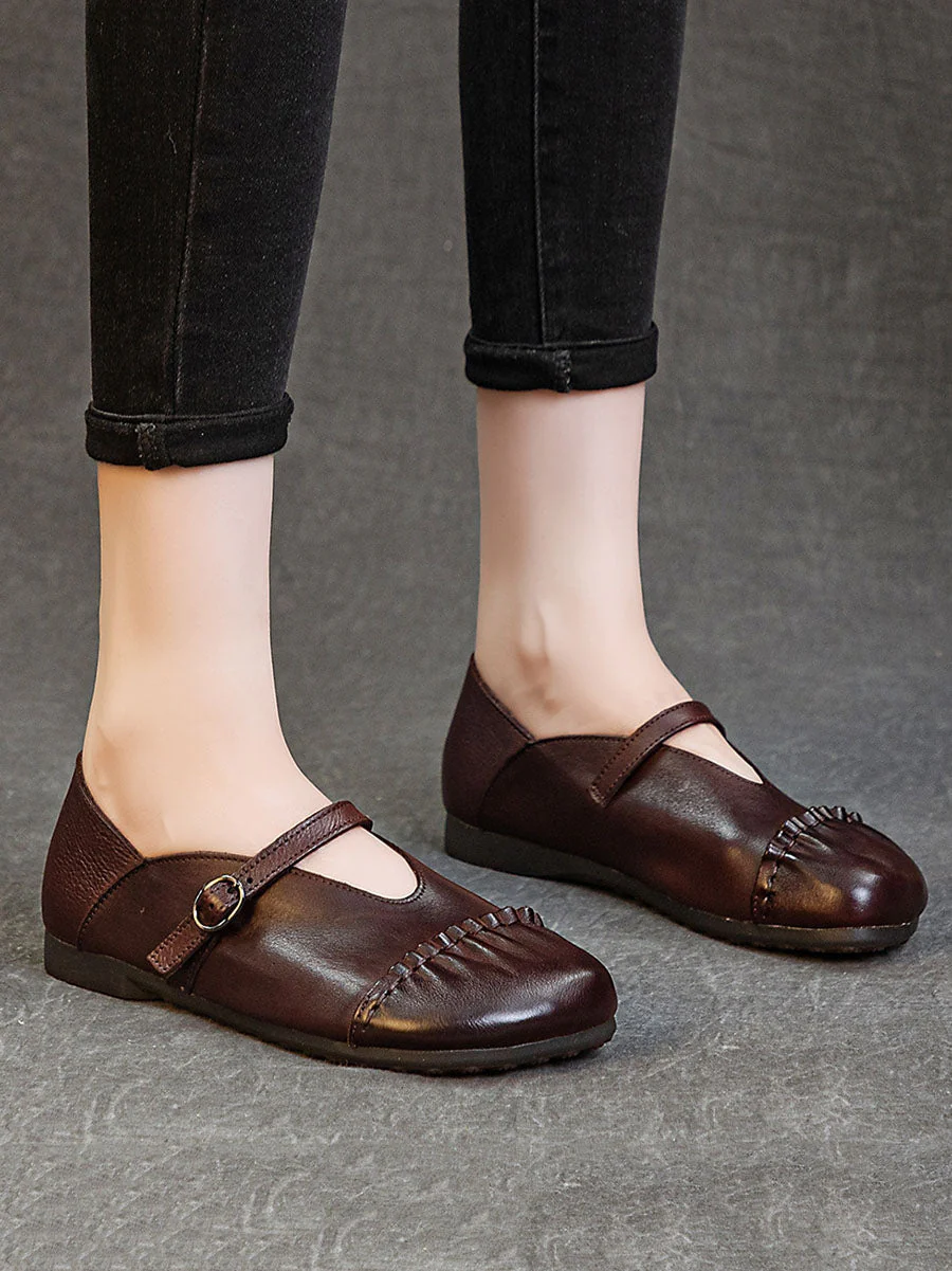 Vintage Genuine Leather Spliced Low Heel Shoes - Image 2