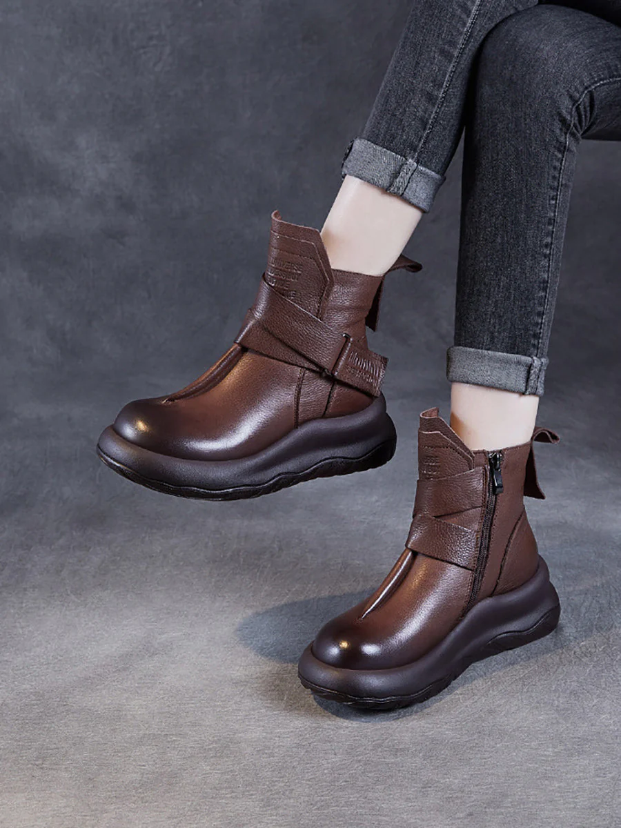 Vintage Genuine Leather Spliced Platform Ankle Boots
