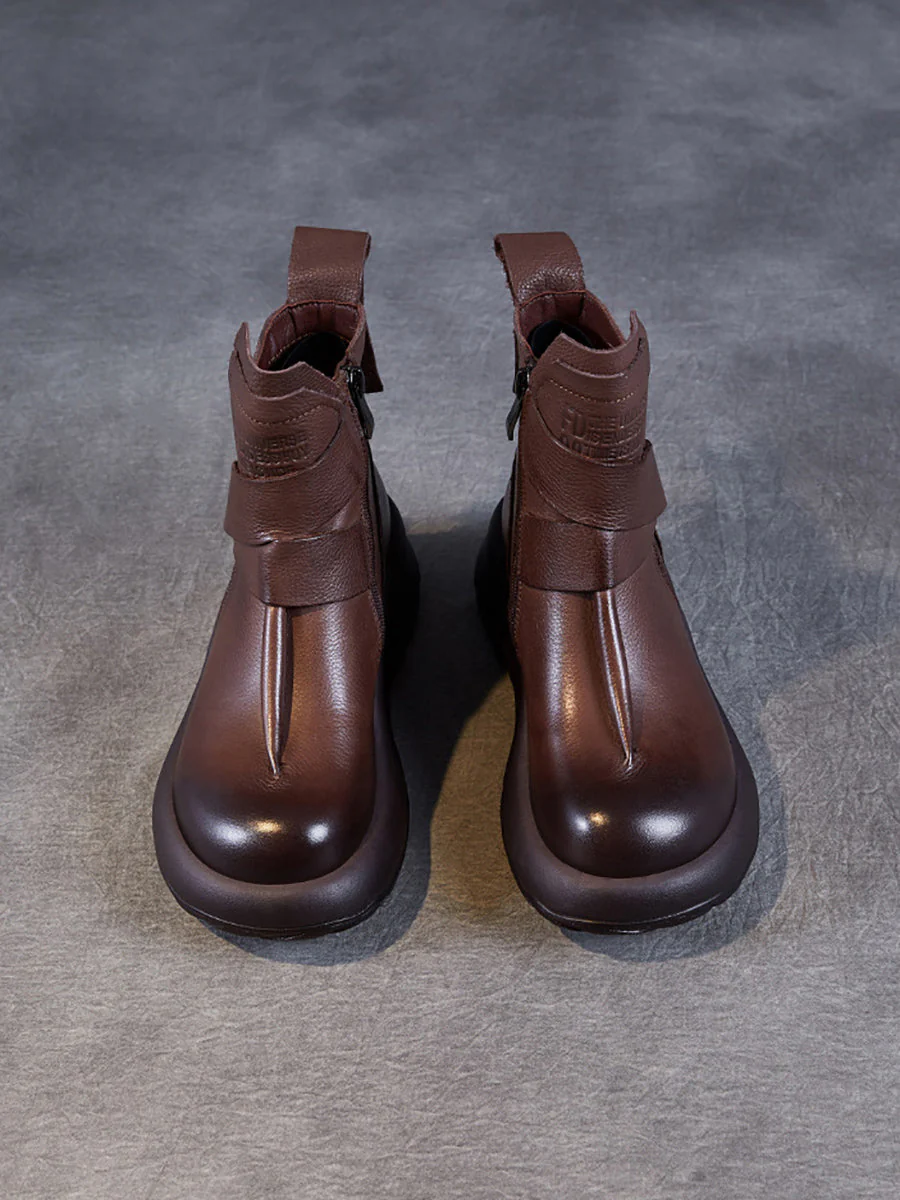 Vintage Genuine Leather Spliced Platform Ankle Boots - Image 10