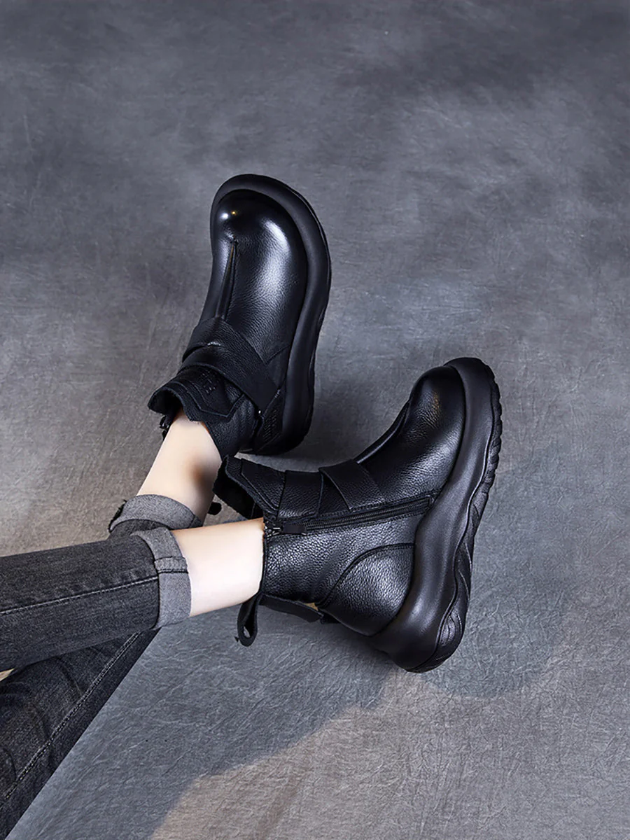 Vintage Genuine Leather Spliced Platform Ankle Boots - Image 3