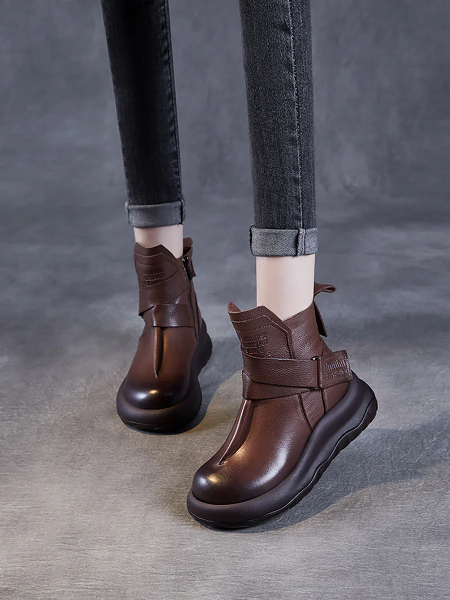 Vintage Genuine Leather Spliced Platform Ankle Boots - Image 4