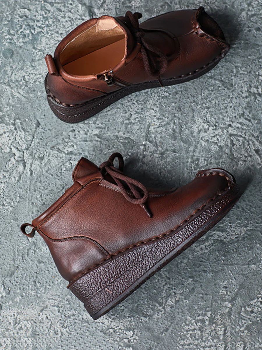 Vintage Genuine Leather Spliced Strap Mid-Heel Boots - Image 6