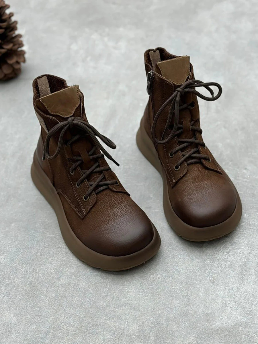 Vintage Leather Patch Strap Mid-Heel Boots - Image 2