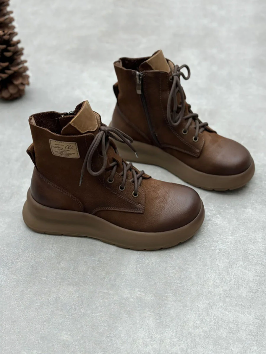 Vintage Leather Patch Strap Mid-Heel Boots - Image 4
