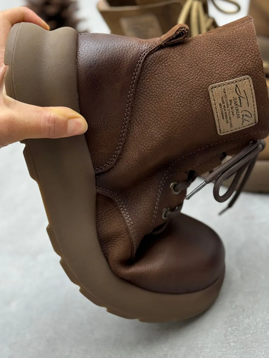Vintage Leather Patch Strap Mid-Heel Boots - Image 7