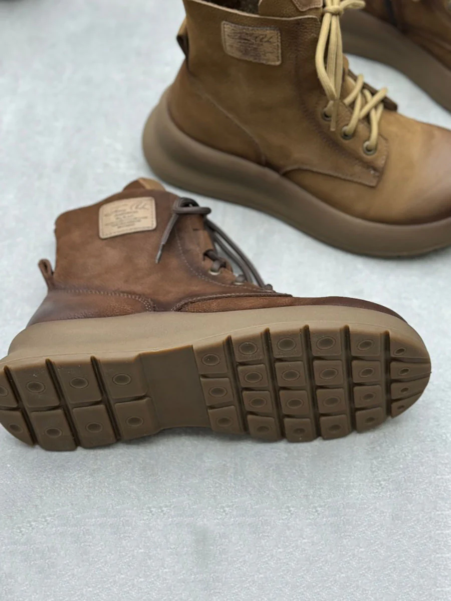 Vintage Leather Patch Strap Mid-Heel Boots - Image 8