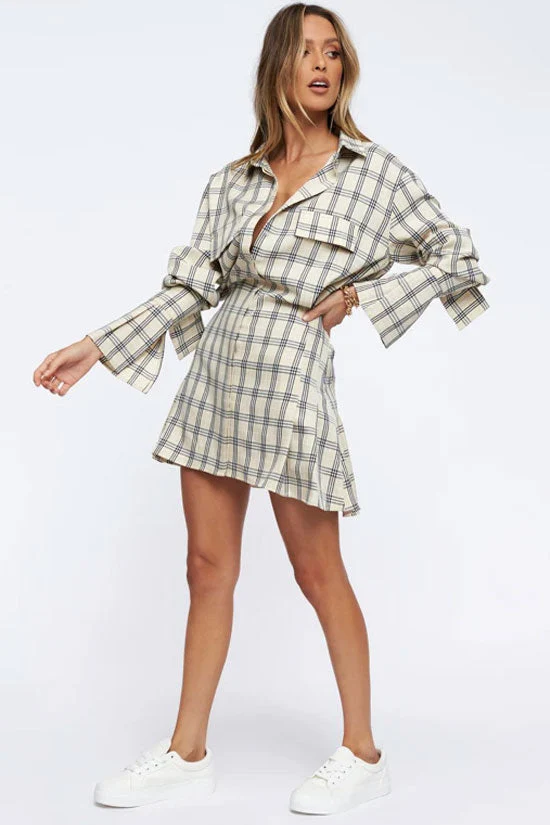 Vintage Plaid Print Long Sleeve Button Down Mini Shirt Dress - Khaki - Image 3