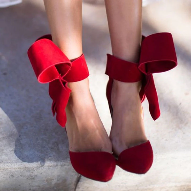 Vintage Pointed Toe Ankle Strap Suede Stiletto Butterfly Heels - Red - Image 2