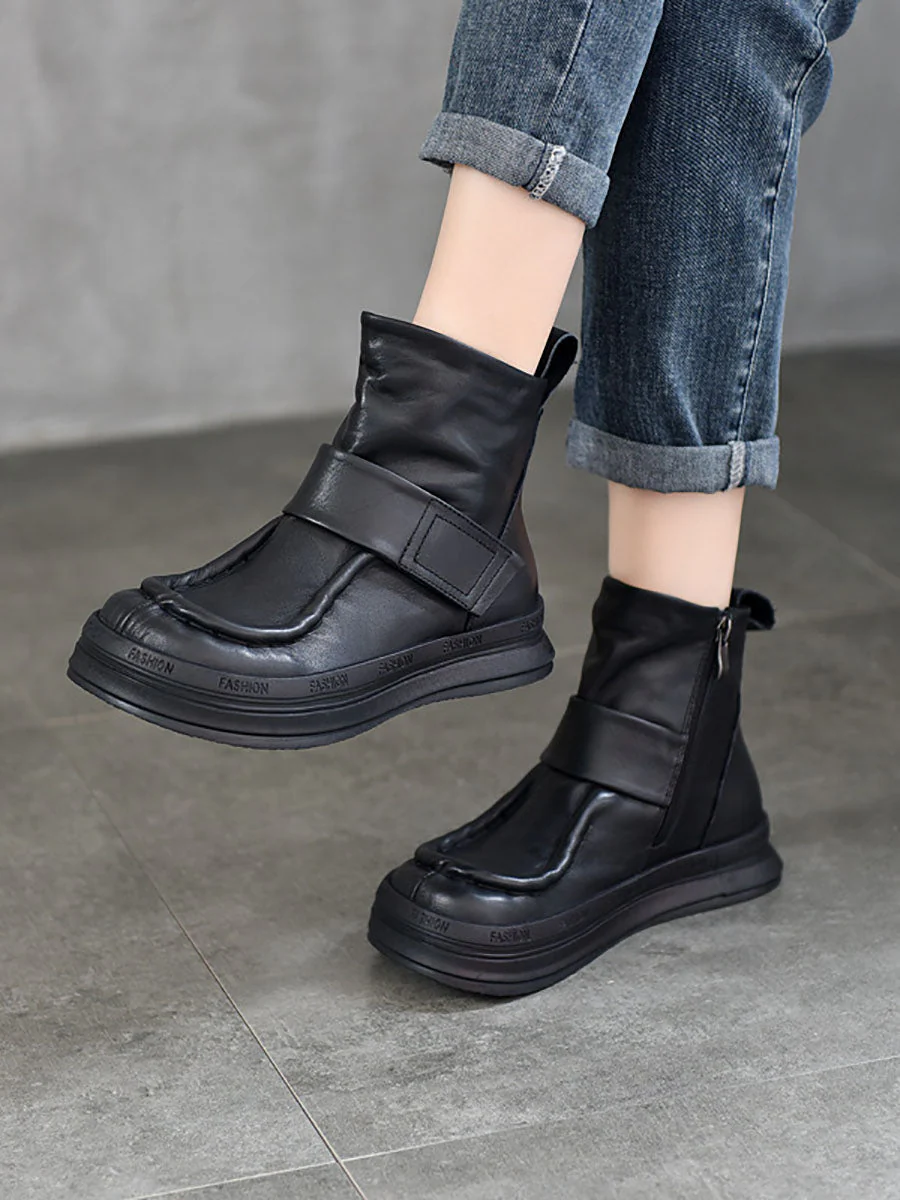 Vintage Soft Leather Spliced Flat Ankle Boots - Image 4