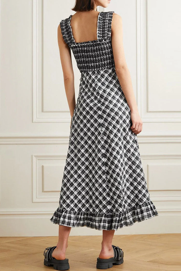 Vintage Square Neck Suspender Strap Smocked Plaid Midi Sundress - Black - Image 2