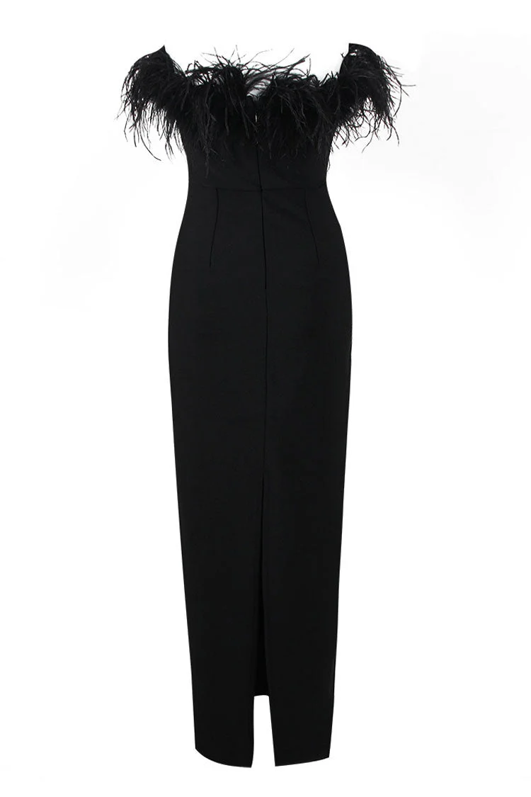 Vintage Sweetheart Strapless Bandage Knit Feather Trim Maxi Dress - Black - Image 4