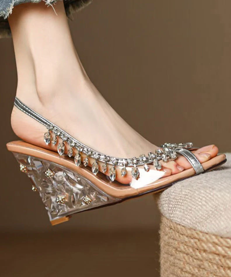 Wedge Cowhide Heels Leather Sequins Splicing Apricot Stylish