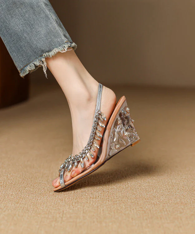 Wedge Cowhide Heels Leather Sequins Splicing Apricot Stylish - Image 2