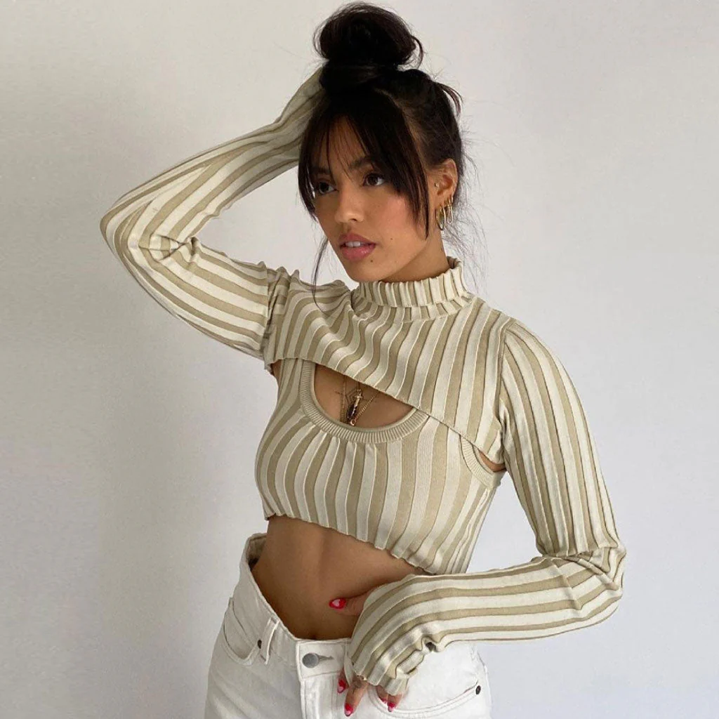 Weird Striped High Neck Long Sleeve Crop Sweater - Apricot - Image 2