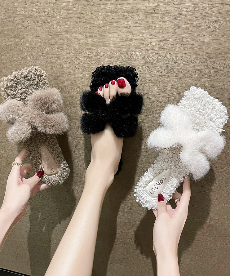 White Fuzzy Fur Stylish Splicing Slide Sandals Peep Toe - Image 5