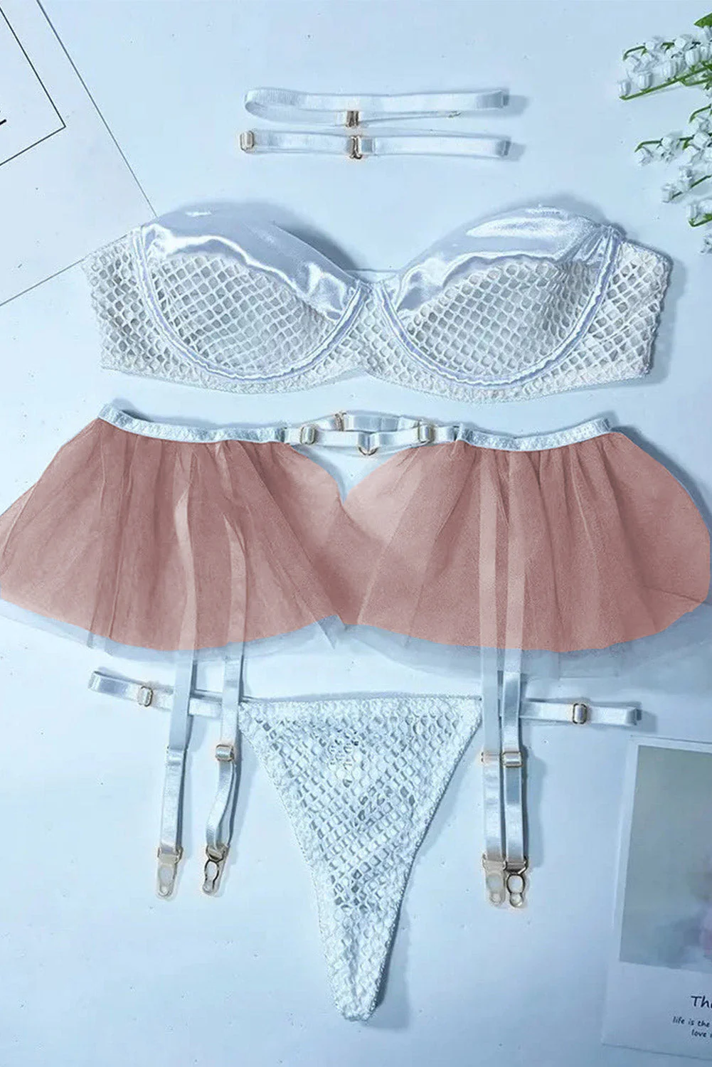 White Half Mesh Cups Tulle Ruffle Garter 3pcs Lingerie Set - Image 3