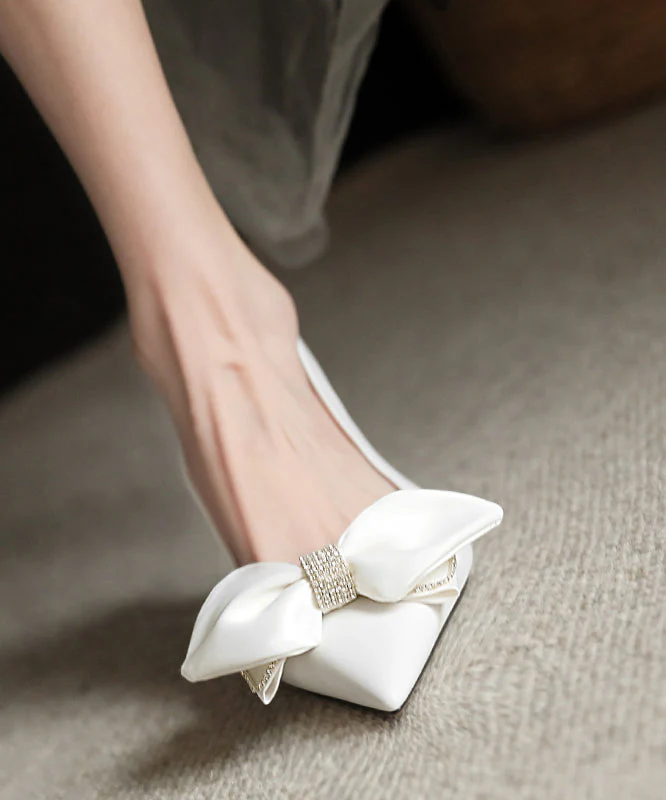 White High Heels Stiletto Cowhide Leather Splicing Bow Zircon - Image 5