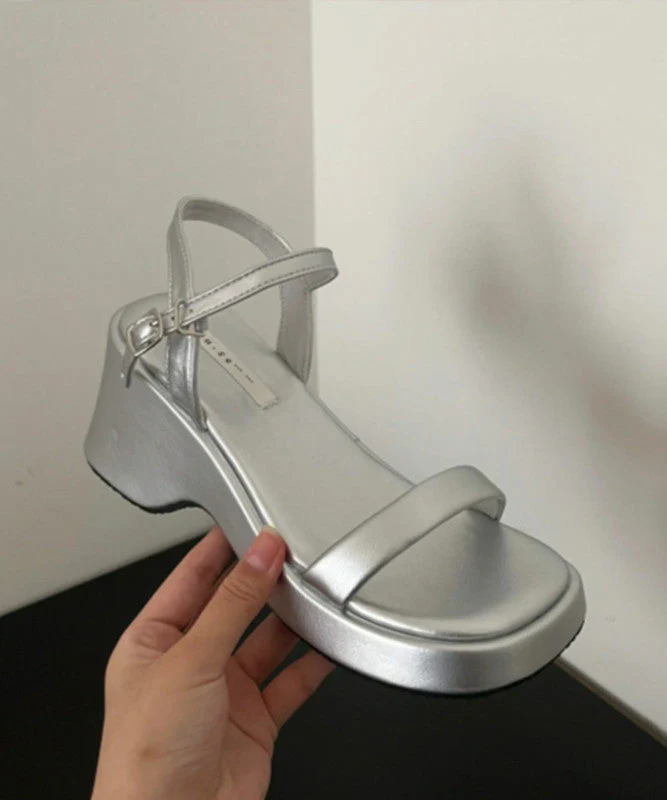 White Hollow Out Platform Sandals Peep Toe Buckle Strap - Image 3