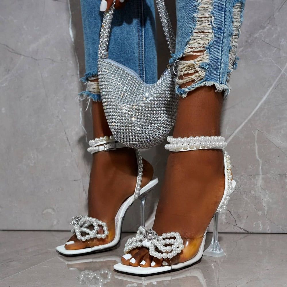 White Pearl Bow Ankle Strap Heels - Image 2