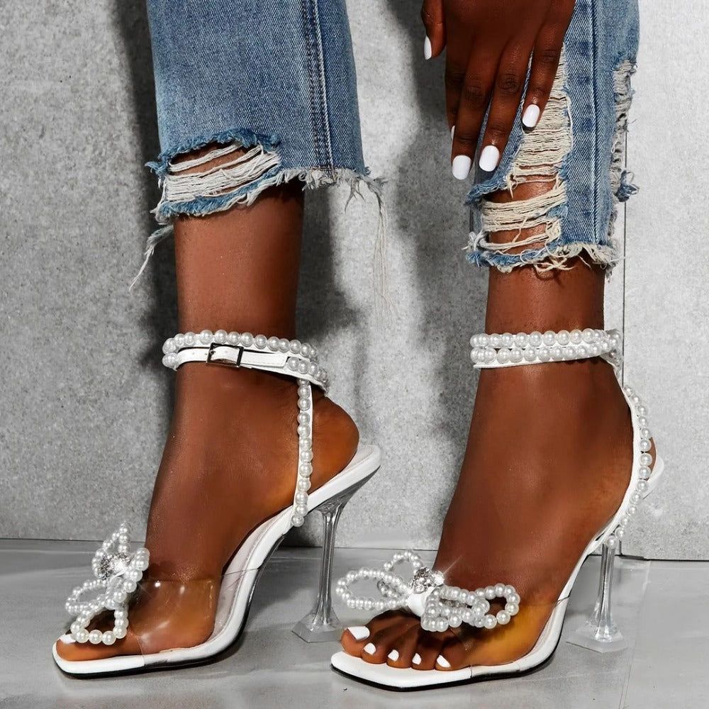White Pearl Bow Ankle Strap Heels - Image 5