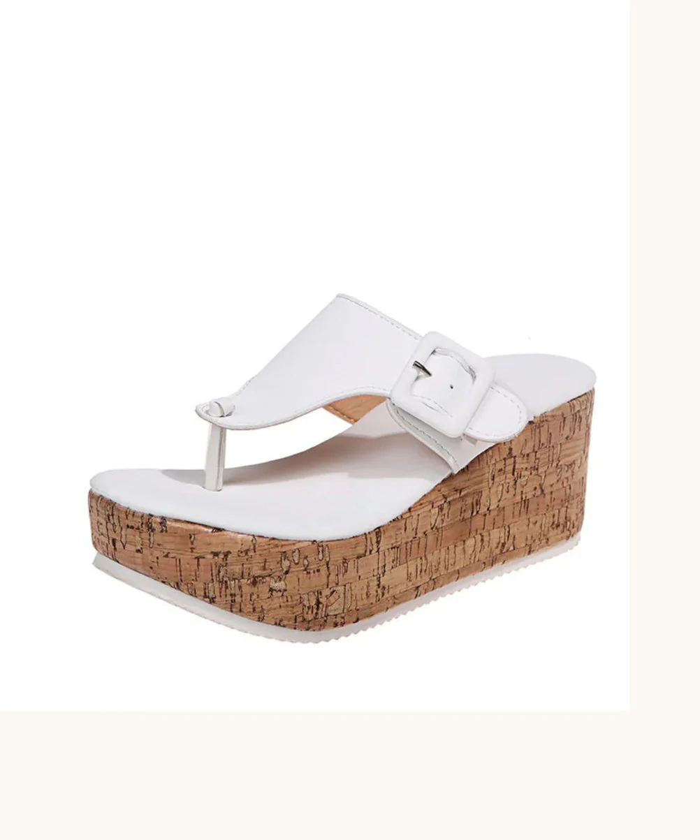 White Wedge Heels Boho Splicing Flip Flops Slide Sandals - Image 5