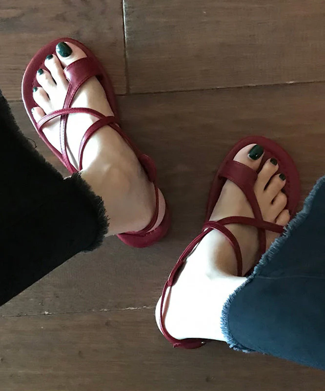 Wine Red Faux Leather Splicing Hollow Out Thong Sandals - Image 4