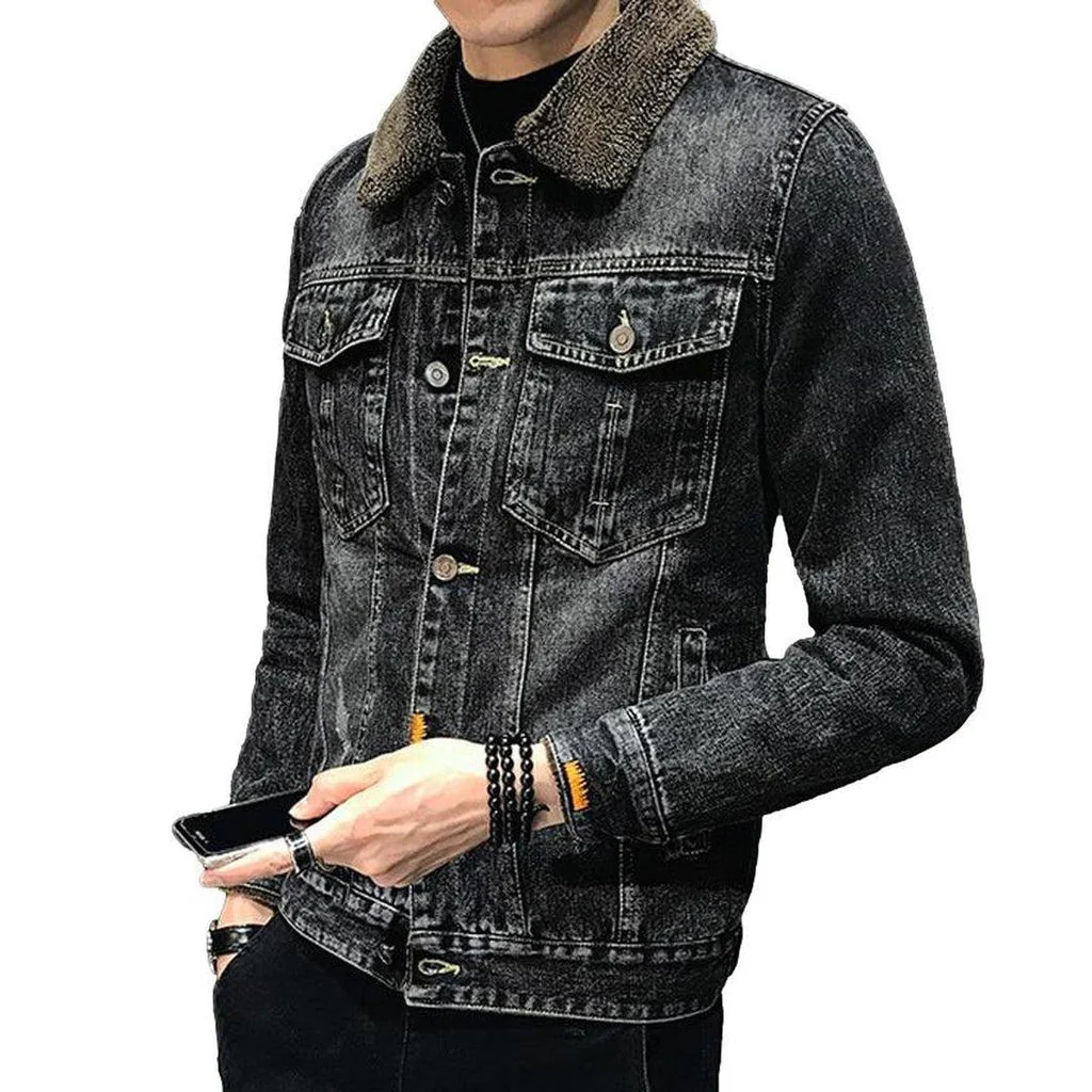 Winter black men's denim jacket - Image 2
