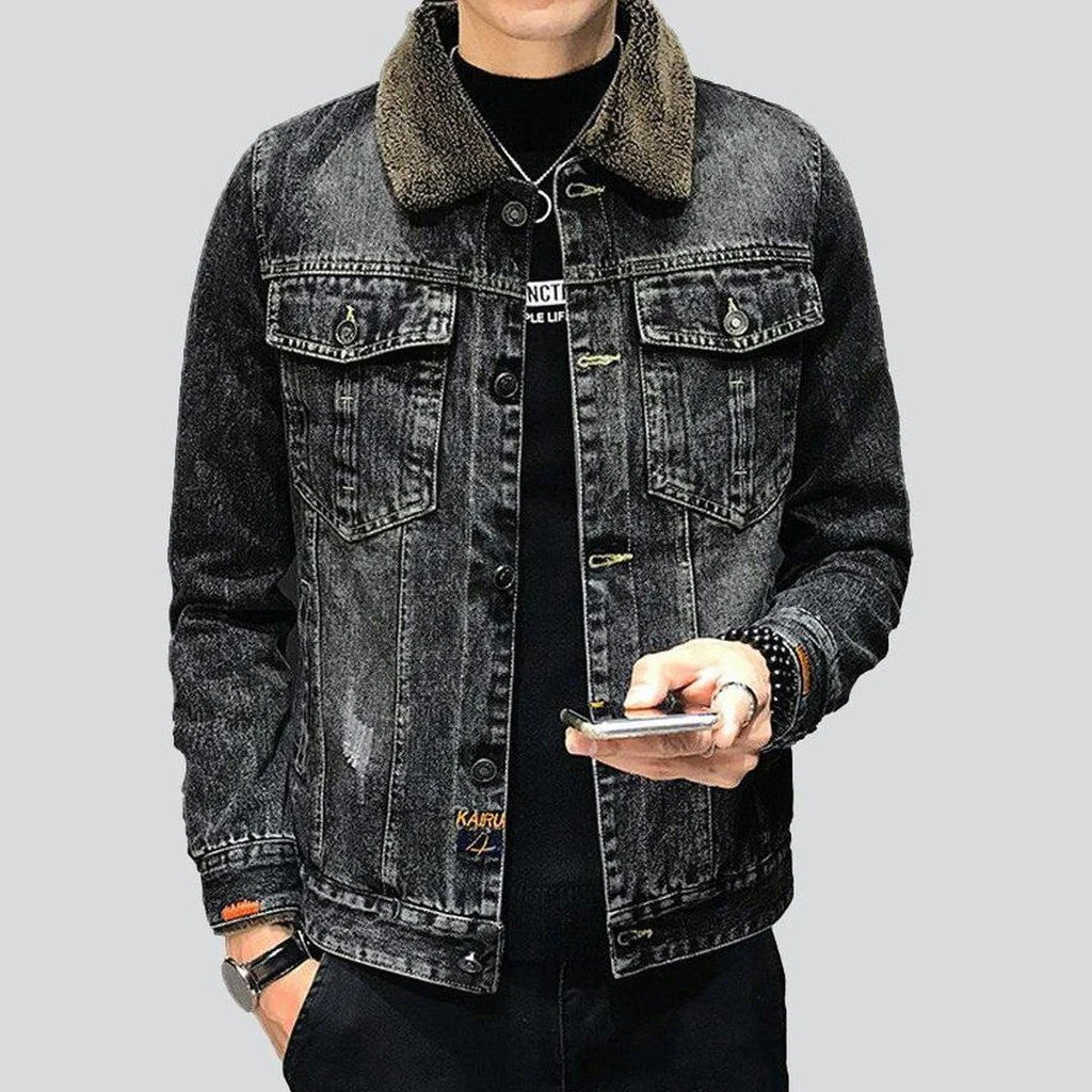 Winter black men's denim jacket - Image 3
