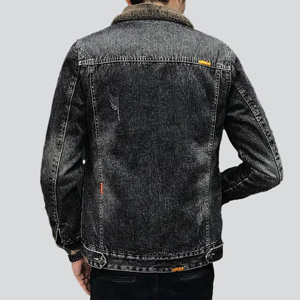 Winter black men's denim jacket - Image 4