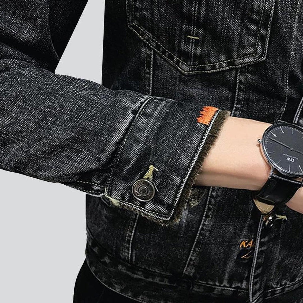 Winter black men's denim jacket - Image 5