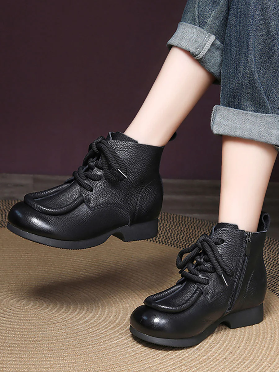 Winter Genuine Leather Strap Low Heel Boots - Image 2
