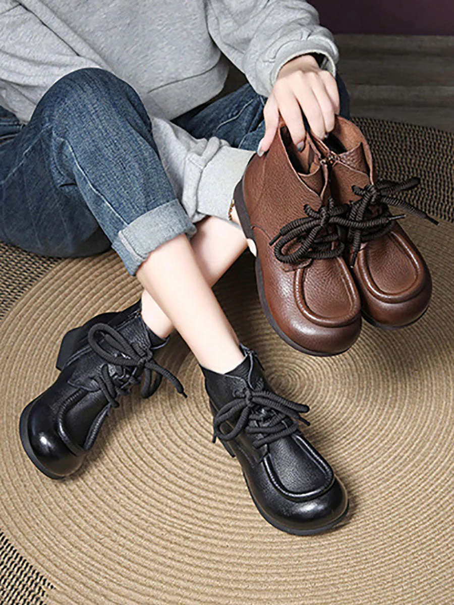 Winter Genuine Leather Strap Low Heel Boots - Image 3