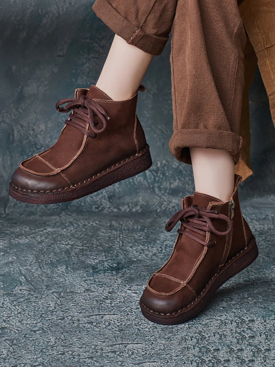 Winter Retro Leather Spliced Flat Boots