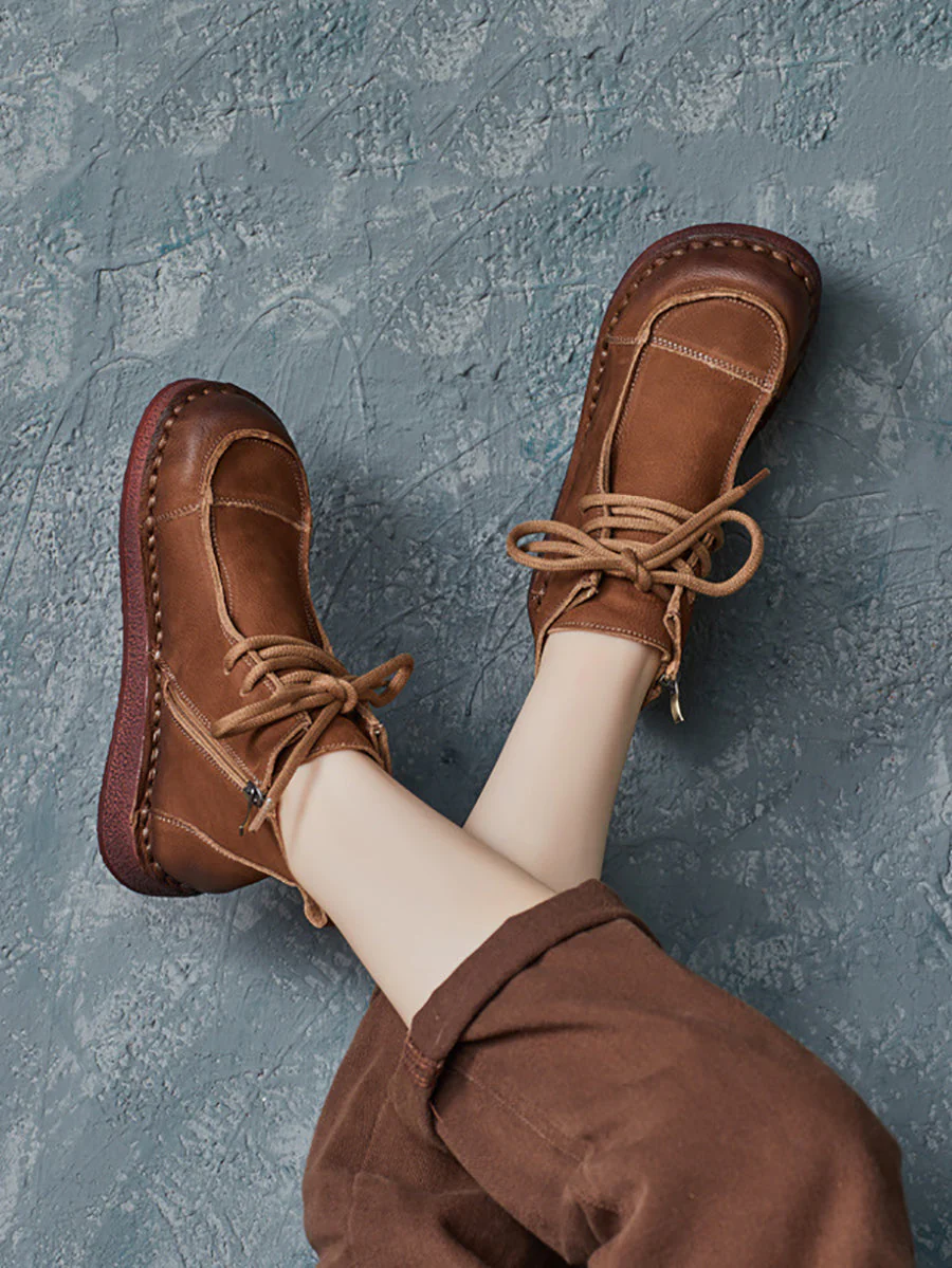 Winter Retro Leather Spliced Flat Boots - Image 3