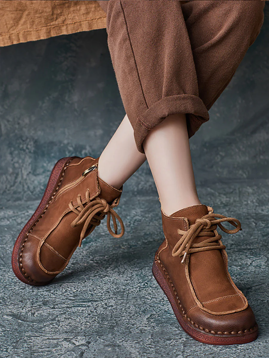 Winter Retro Leather Spliced Flat Boots - Image 8