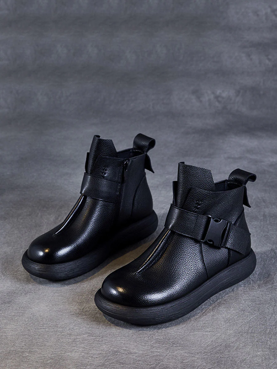Winter Soft Leather Spliced Solid Flat Boots - Image 10