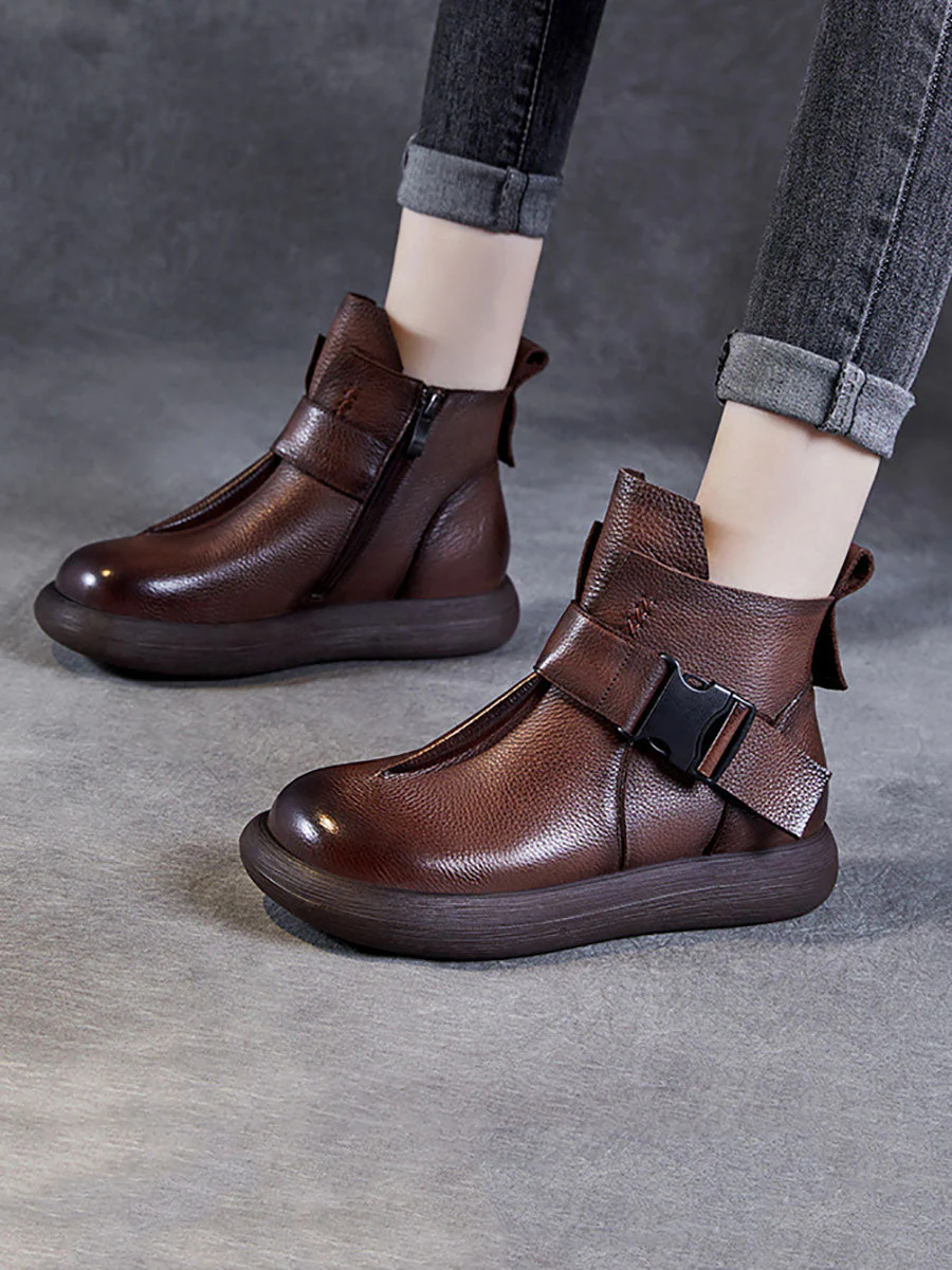 Winter Soft Leather Spliced Solid Flat Boots - Image 6