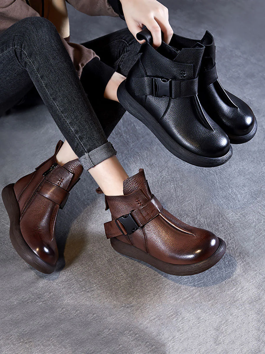 Winter Soft Leather Spliced Solid Flat Boots - Image 7
