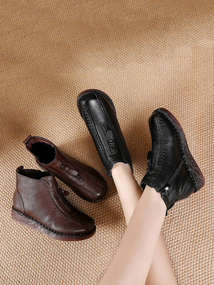 Winter Vintage Leather Fleece-lined Low Heel Boots - Image 3