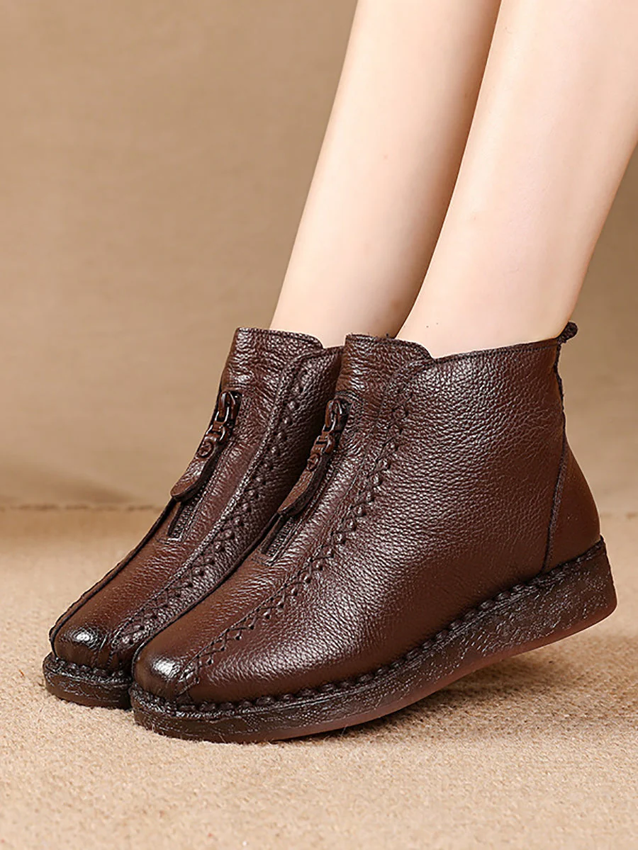 Winter Vintage Leather Fleece-lined Low Heel Boots - Image 4