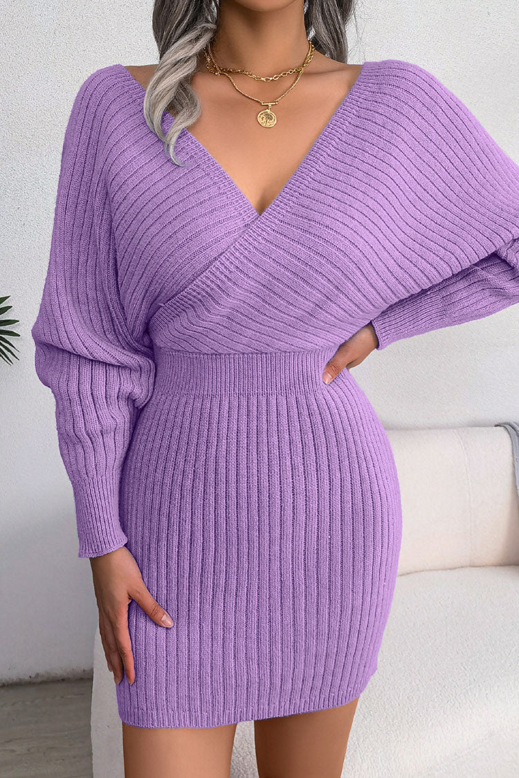 Winter Wrap V Neck Rib Knit Sweater Mini Dress - Purple - Image 2