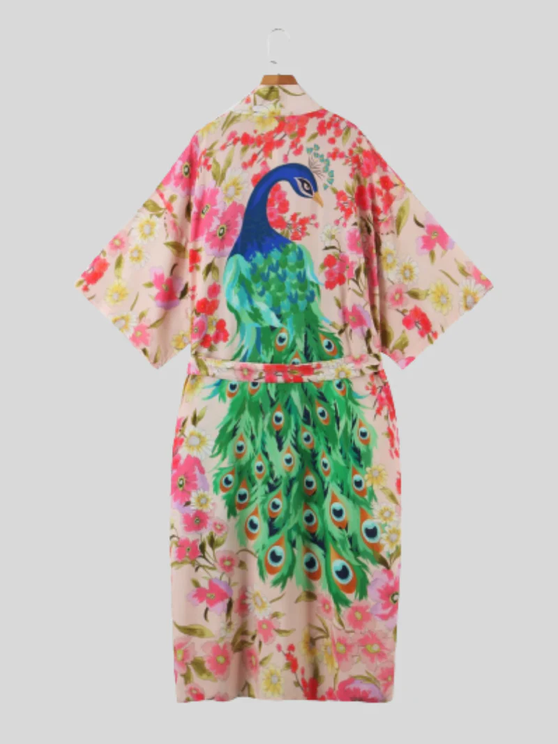 Beautiful Peacock Large Size Print Cardigan Long Kimono Jacket - Image 2