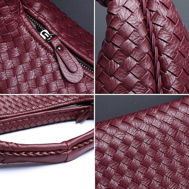 Woven Bag Faux Burgundy Leather Hobo Chic - Image 12