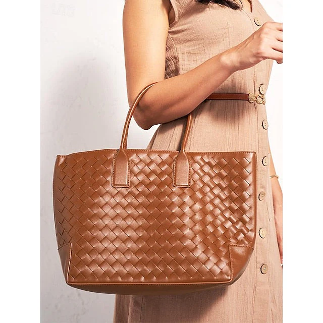 Woven Leather and Brown Tote Stylish Bag - Image 4