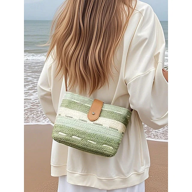 Woven with Colorblock Straw Striped Brown Tote Bag - Image 8