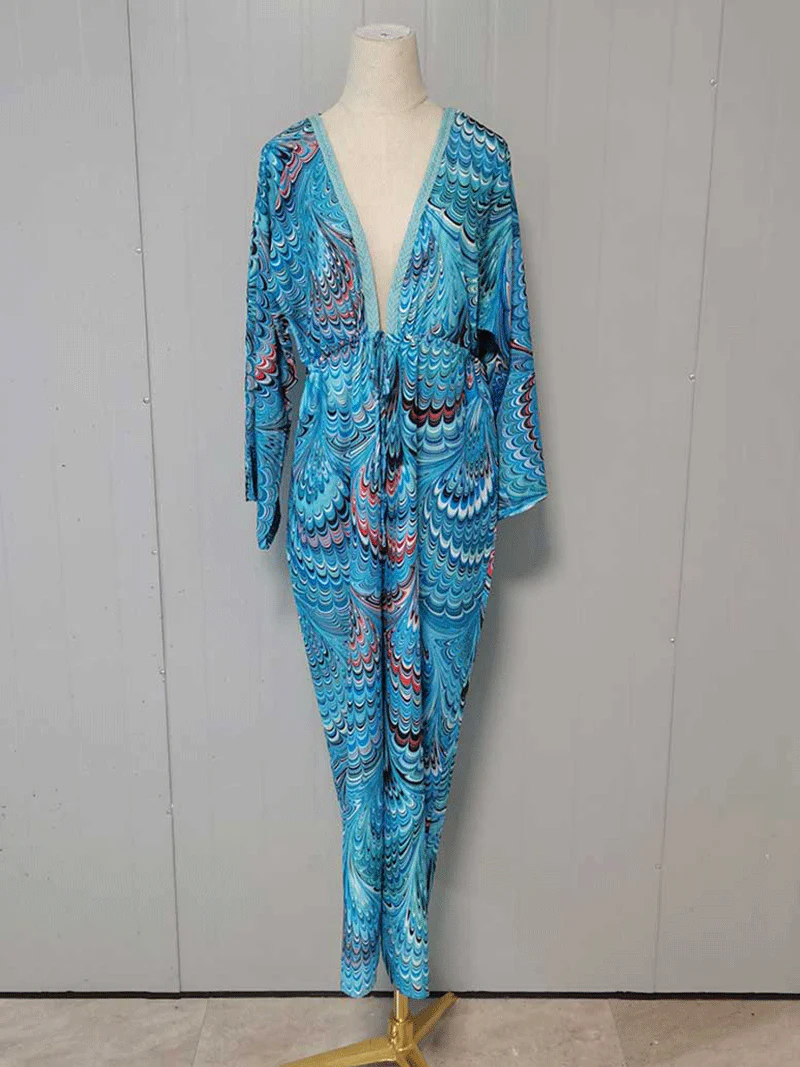 Printed Blue Color Polyester Long Length Gown Kimono Duster Robe