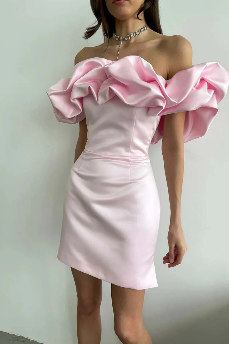 Zari Satin Ruffles Off Shoulder Mini Dress - Pink